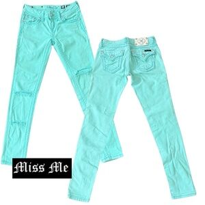 Miss Me Jeans Skinny, light blue, mint green, topstitch back pocket flap
